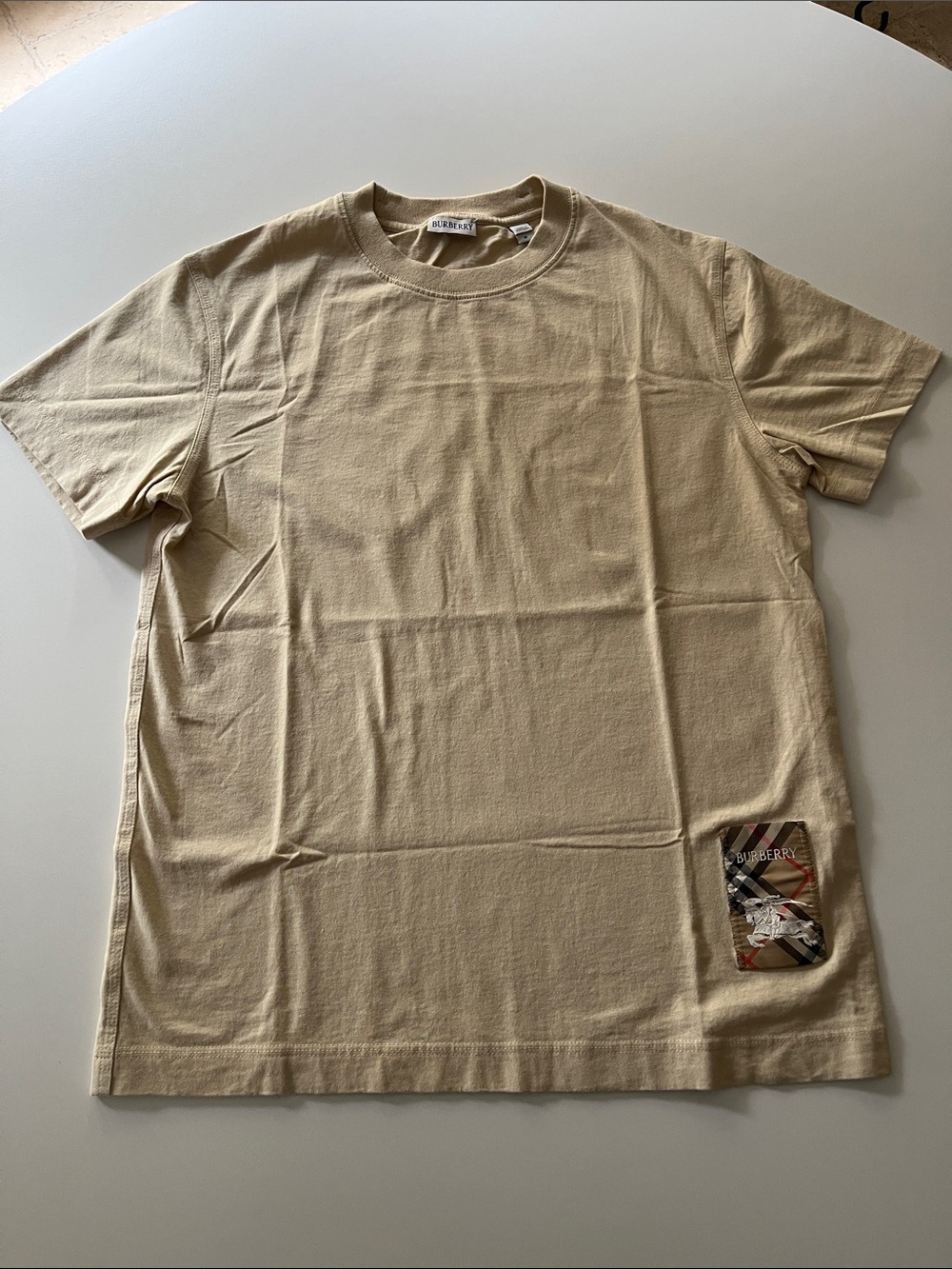 Burberry Beige Short Sleeve Cotton Crewneck Tee with Check Patch